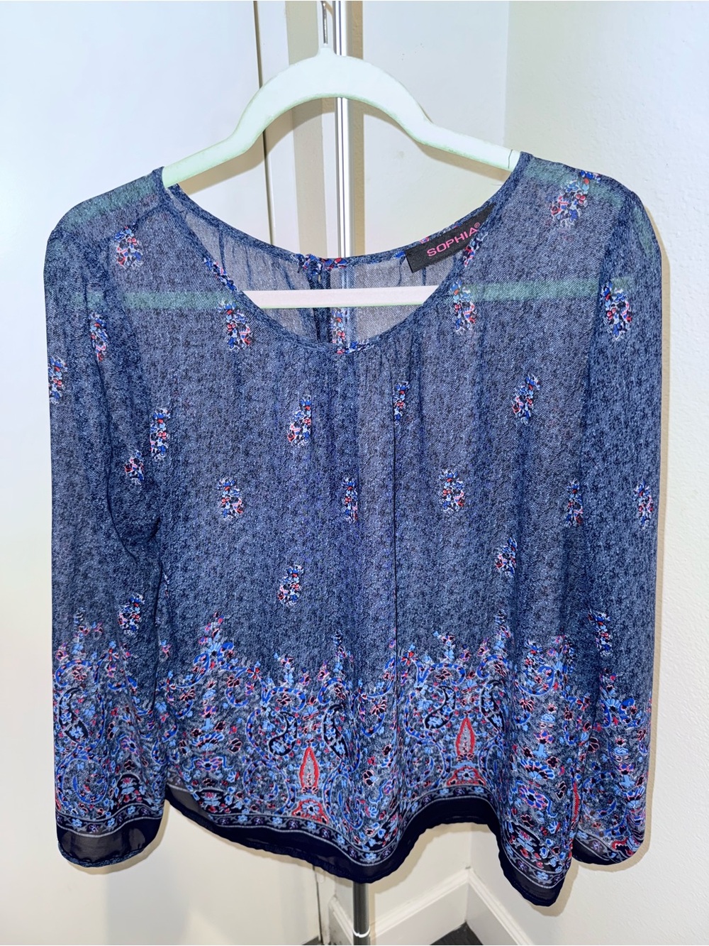 Navy Blue Floral Border Print Women's Blouse Sheet Paisley Maximalist Retro